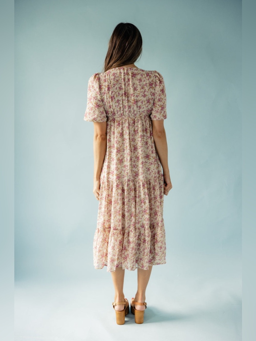EUC Roolee Cream Midi Flutter Sleeve Tiered Dress with Pink Floral Print - Picture 4 of 14